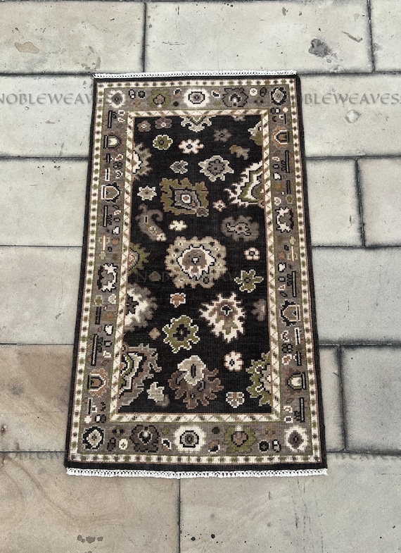 3x5 Hand Knotted Oushak Rug, Black Wool Carpet with Olive Beige Brown Ivory Accent