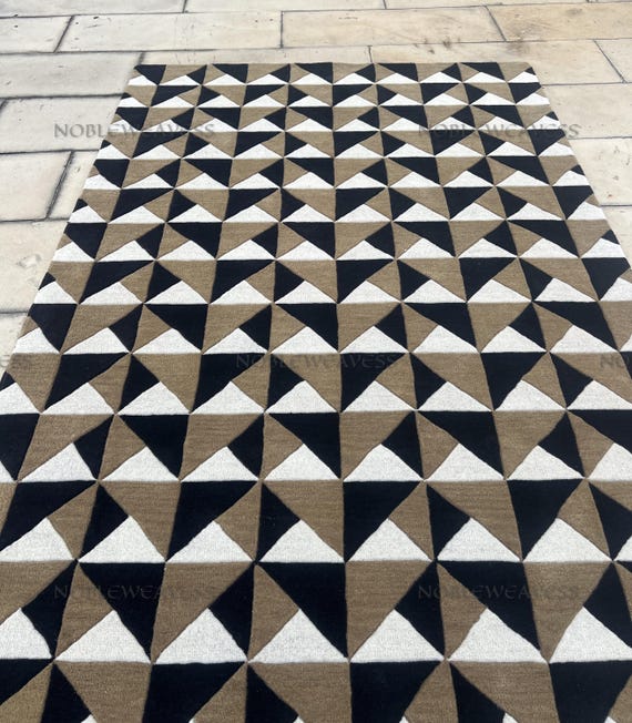 Hand Tufted Wool Rug – Geometric Triangle Design – Black, White & Brown – Living Room or Bedroom