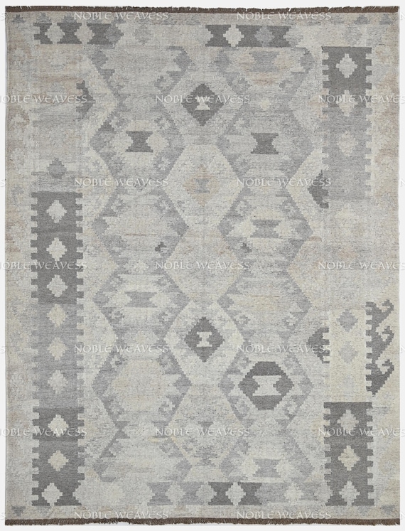 Handwoven Rug, Grey/Ivory/Beige, Oriental Kilim 8x10 Rug, large 9x12 Rug, Large-Scale Tribal Diamond Kilim Rug, Bedroom Rug, Living Rug