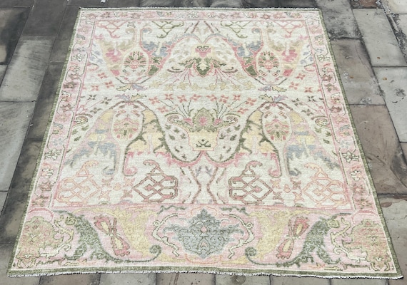 8x10 Hand Knotted Wool Oushak Rug — Ivory Blush Pink Sage Green Blue , living room