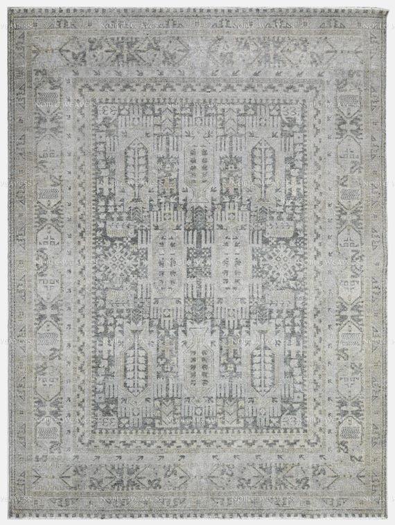 Hand-knotted grey ivory rug with tribal geometric medallion pattern – perfect for boho, rustic, and transitional living or bedroom decor Rug