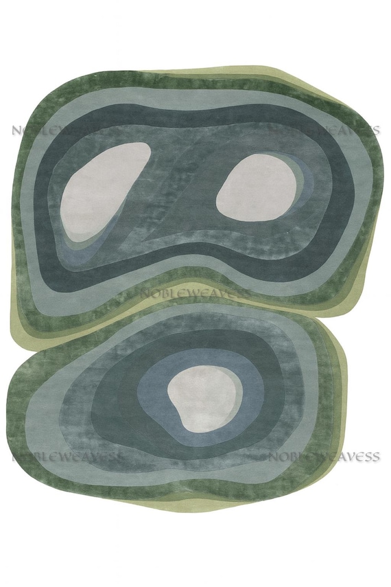 Hand Tufted Wool Rug: Modern Abstract Amoeba Design - Green, Blue & Grey