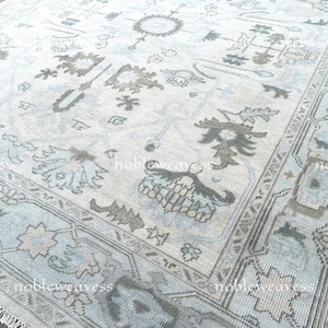 8x10 Hand Knotted Wool Oushak Rug — Ivory Beige Blue Oriental Carpet for Living Room