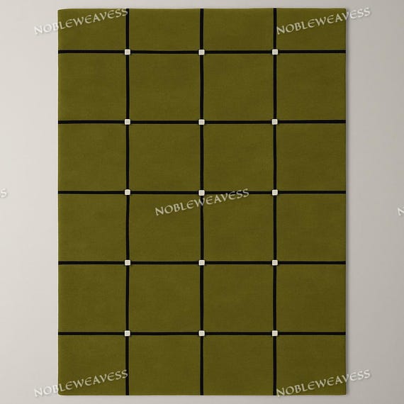 Hand Tufted New Zealand Wool Rug: Olive Green Black Grid, Modern Geometric Carpet