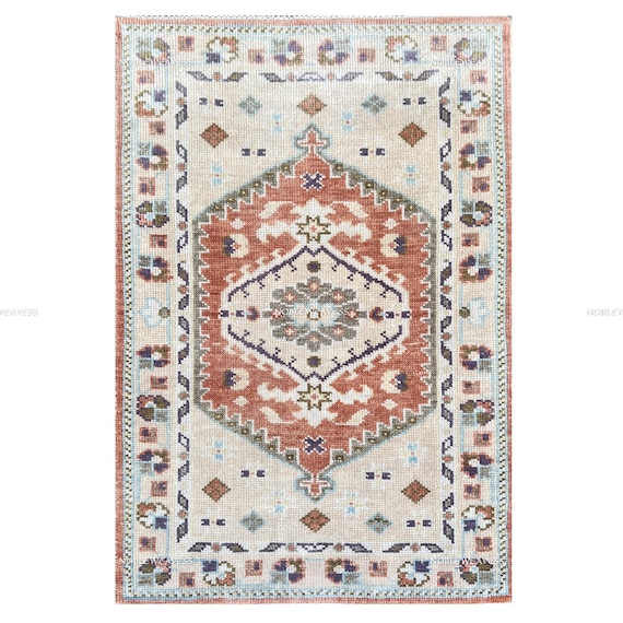Oushak Hand Knotted Wool Rug 3x5: Terracotta, Ivory, Olive Green