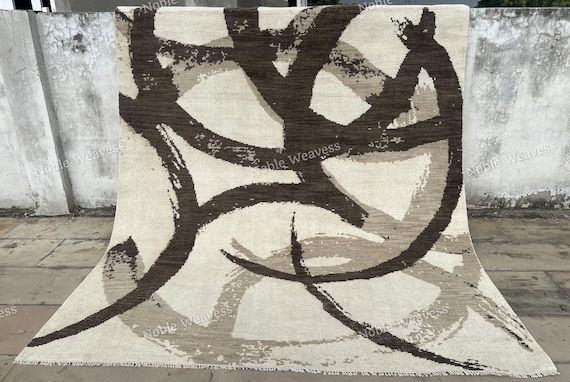 Hand Knotted Wool Rug 8x10: Beige Brown Abstract Modern Carpet