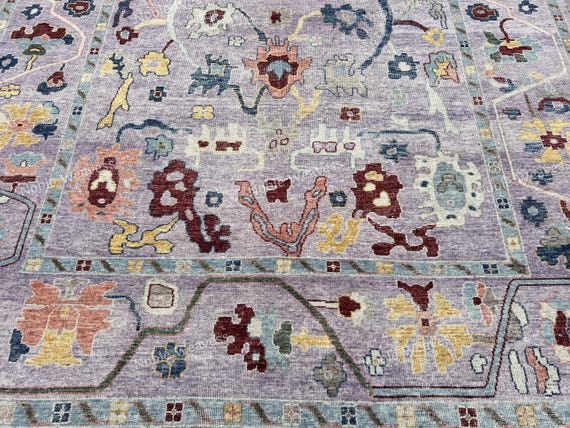 8x10 Hand knotted Oushak wool rug, Lavender Purple, floral carpet for Living room, Bedroom
