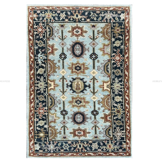 Oushak Hand Knotted Wool Rug 3x5: Sky Blue Geometric Tribal Carpet
