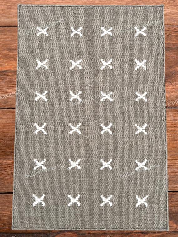 8x10 Handmade Olive Wool Flatweave Rug — Modern Minimal Geometric Carpet for Living Room Bedroom