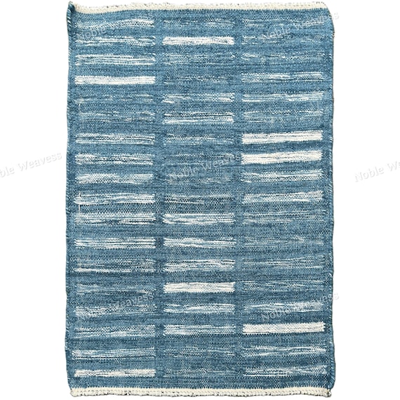 Denim Blue Wool Flatweave Rug — Handwoven Wool Carpet, Coastal Boho Living Room Decor