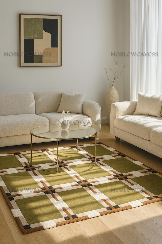Hand Tufted Wool Rug – Checkered Grid Design – Olive Green, White, Brown & Black – Living Room