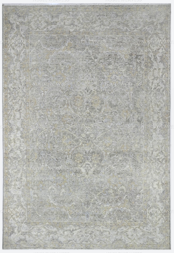 Hand Knotted Rug, Grey/Olive/Silver, Large 9x12 Rug, 8x10 Area Rug, Traditional Oushak Oriental Rug for Living, Dining and Bedroom Area Rug