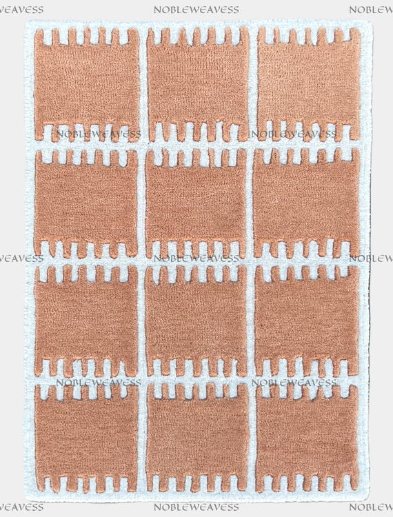 Hand Tufted New Zealand Wool Rug: Terracotta & White Geometric Carpet