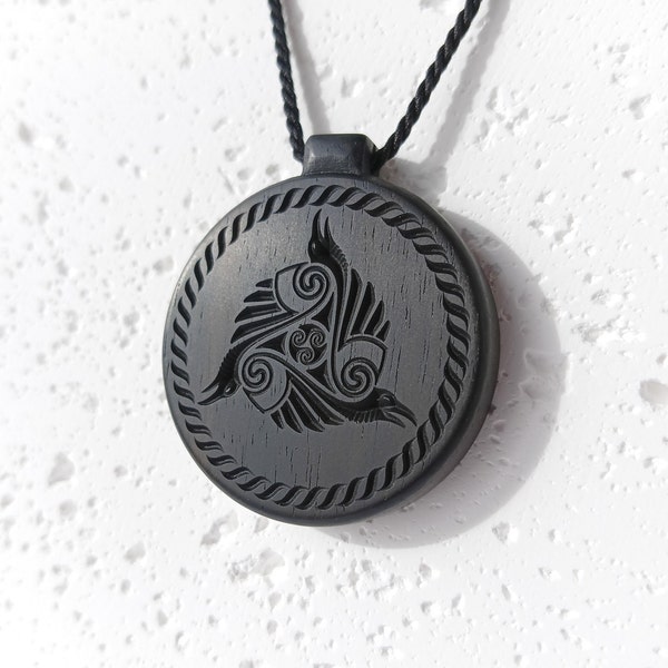 Black Triskelion Necklace, Carved Ebony Raven Pendant