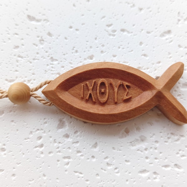 Wooden Ichthus Fish Necklace with Greek Inscription