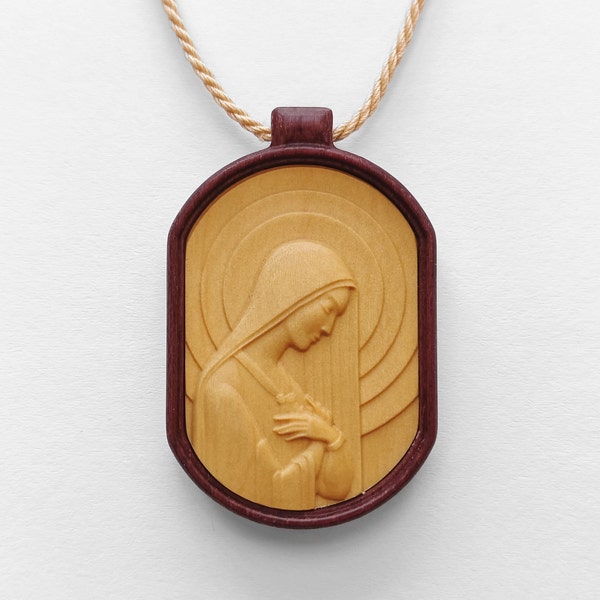 Wooden Virgin Mary Medal Necklace, God Mother Gift