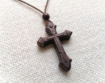 Simple Orthodox Cross Wood Pendant Necklace