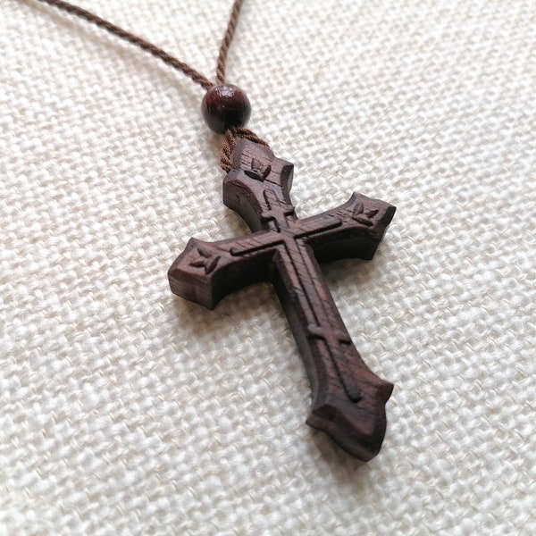 Simple Orthodox Cross Wood Pendant Necklace