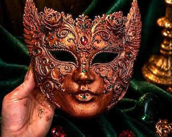 Venetian Copper Filigree gothic Mask with Roses and Wings – Hand-Painted 3D Printed Masquerade Art