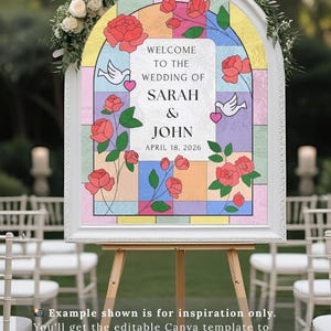 Stained Glass Welcome Sign - Digital Template For Weddings and Parties, DIY Stained Glass Template, Stained Glass Roses & Doves Design