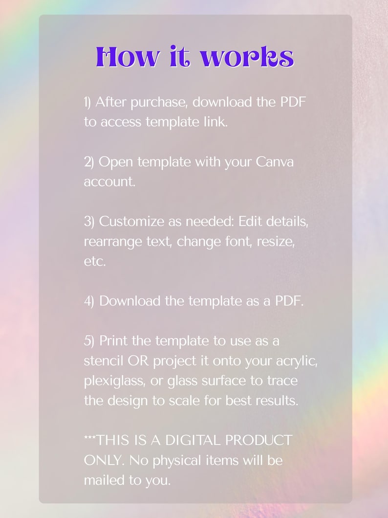 Op de afbeelding: Een digitale productgids getiteld "How it works" op een gradi&euml;ntachtergrond. De tekst legt de stappen uit om toegang te krijgen tot en een sjabloon aan te passen, te downloaden als PDF en af te drukken als sjabloon. Het product is alleen digitaal.