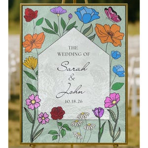 Stained Glass Welcome Sign - Digital Template For Weddings and Parties, DIY Stained Glass Floral Template, Stained Glass Floral Design