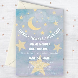 Invito per baby shower Twinkle Star: modello Canva neutro rispetto al genere (digitale)