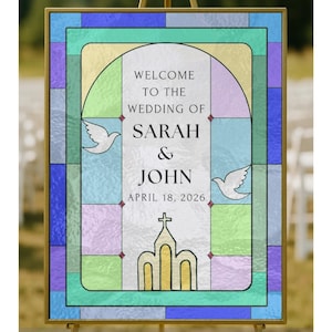 Stained Glass Welcome Sign - Digital Template For Weddings and Parties, DIY Stained Glass Template, Stained Glass Church & Doves Design