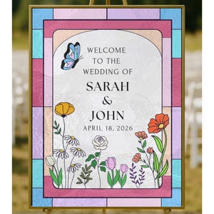 Stained Glass Welcome Sign - Digital Template For Weddings and Parties, DIY Stained Glass Floral Template, Stained Glass Wildflowers Design