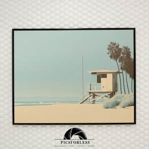 California Beach with Lifeguard House – Digital Poster as Instant Download | Pastel Coastal Art