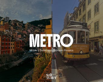 May include: A split image featuring a coastal town and a yellow tram. The word "METRO" is in large white letters, with "Mobile & Desktop Lightroom Presets" below. The Salt Water logo is at the bottom.