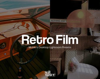 May include: The image is split, showcasing a retro theme. One side features a boat's interior with a steering wheel and sunglasses. The other side displays a vintage interior with a neon sign and a record-shaped lamp. Text reads "Retro Film" and "Mobile & Desktop Lightroom Presets."