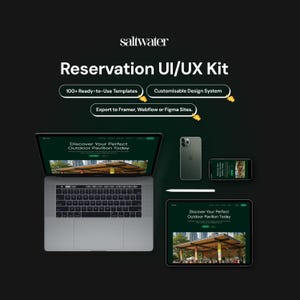 May include: A dark background with the text "saltwater Reservation UI/UX Kit". The image shows a laptop, phone, tablet, and stylus displaying a website. Text on the screen reads "Discover Your Perfect Outdoor Pavilion Today". Additional text includes "100+ Ready-to-Use Templates".