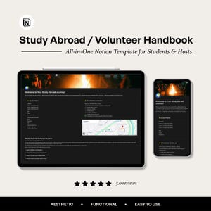 Könnte beinhalten: Ein schwarzes Tablet und Smartphone, die eine Vorlage für das "Study Abroad / Volunteer Handbook" anzeigen. Die Vorlage enthält Abschnitte für Notizen und einen Orientierungsplan. Das Bild zeigt auch den Text "All-in-One Notion Template for Students & Hosts."
