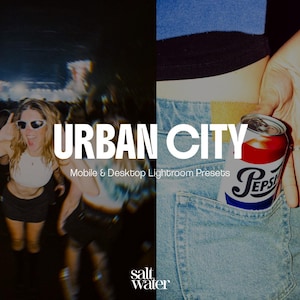 以下が含まれることがあります： 「URBAN CITY」の文字と「Mobile & Desktop Lightroom Presets」が書かれた画像。画像は分割され、コンサートの観客とジーンズのポケットに入ったペプシの缶が表示されています。