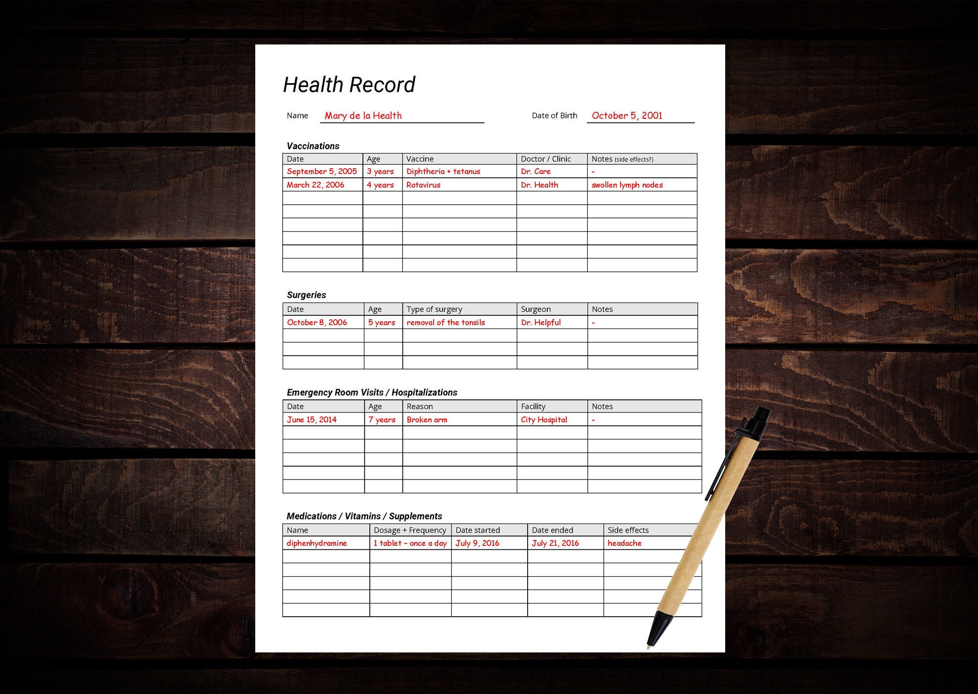 Paper Health Records Example Printable Health Record Template: Medical History, Vaccinations (PDF ...