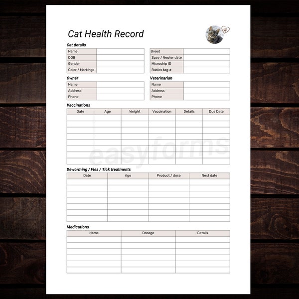 Cat Health Record Canva Template | Kitten Vaccination record | Feline medication record | Deworming treatments | Vet record