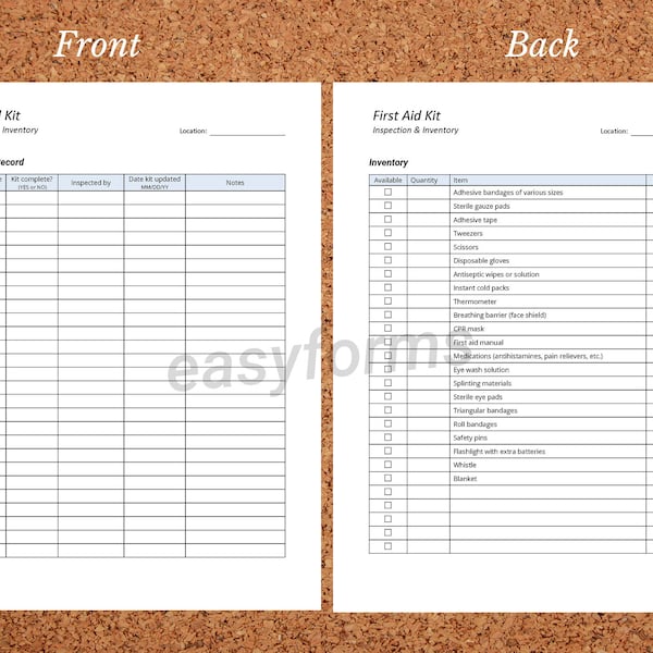 First Aid Kit Inspection record | First Aid Kit Checklist | First Aid Kit Inventory | First Aid Kit Inspection Card