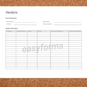 Könnte beinhalten: Ein leeres Formular für eine Anbieterliste mit Überschriften für Unternehmen, Ansprechpartner, Telefon, E-Mail, Dienstleistung/Produkte und Anbieterbedarf. Das Formular ist für die Eventplanung konzipiert und enthält Abschnitte für Eventinformationen wie Eventname, Ort und Datum.