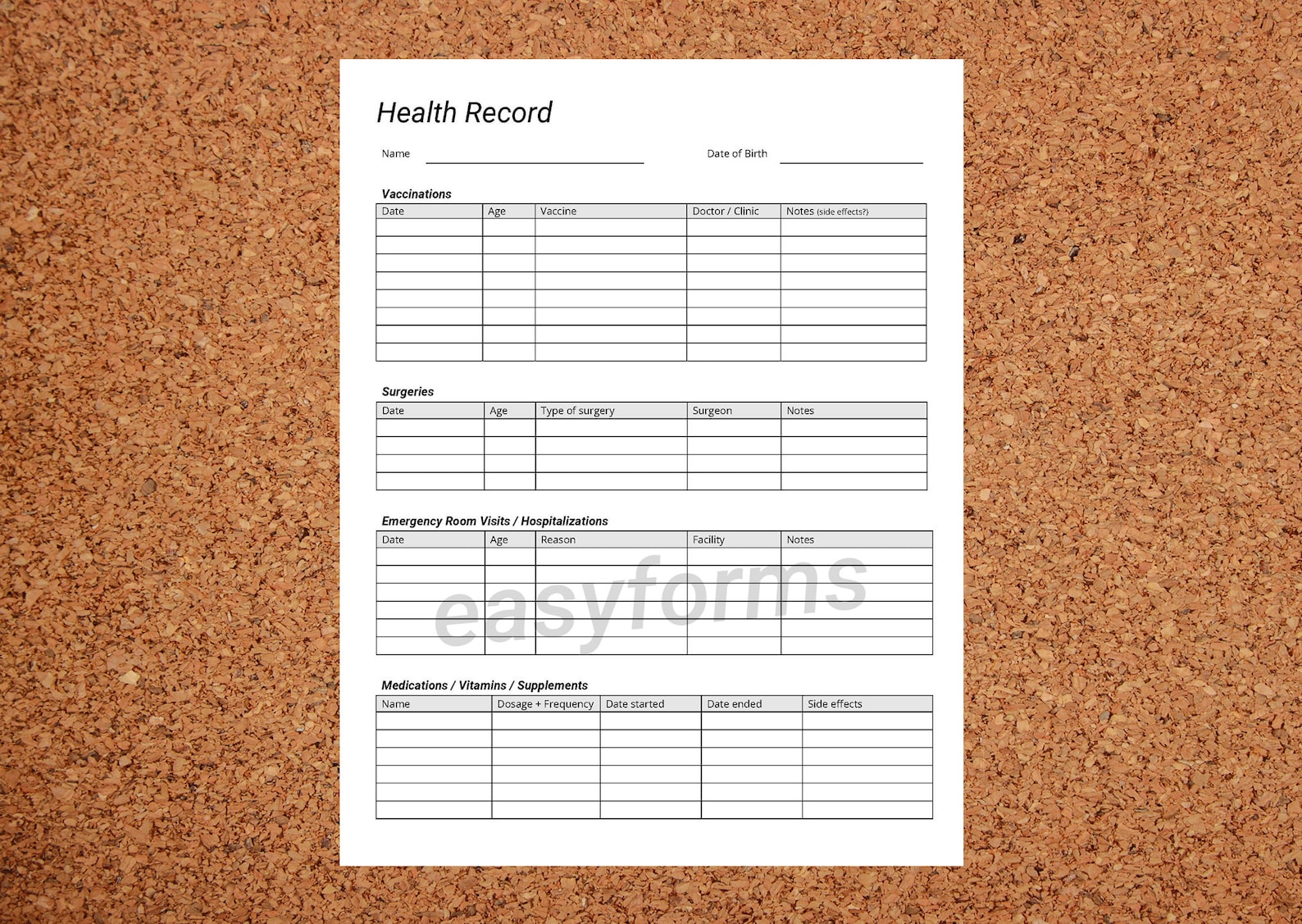 Paper Health Records Example Printable Health Record Template: Medical History, Vaccinations (PDF ...