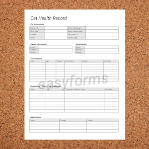 Cat Health Record Template | Kitten Vaccination record | Feline medication record | Deworming treatments | Vet records