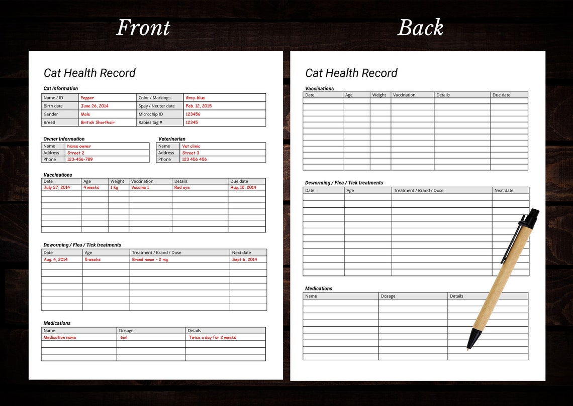 Cat Health Record Template Kitten Vaccination Record Feline Medication