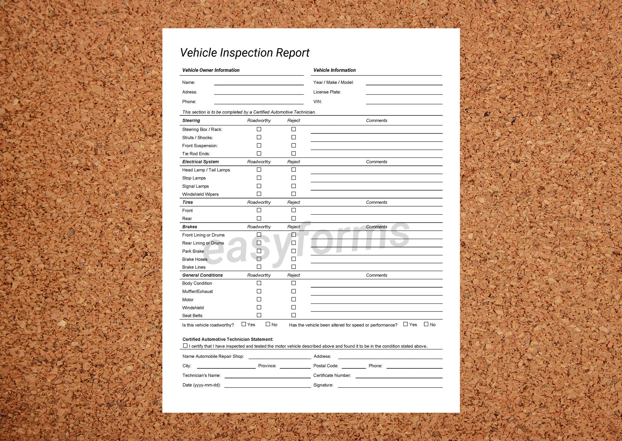 Vehicle Inspection Report | Car Inspection Checklist | Mechanical report | Automotive technician work sheet | Mechanic inspection report