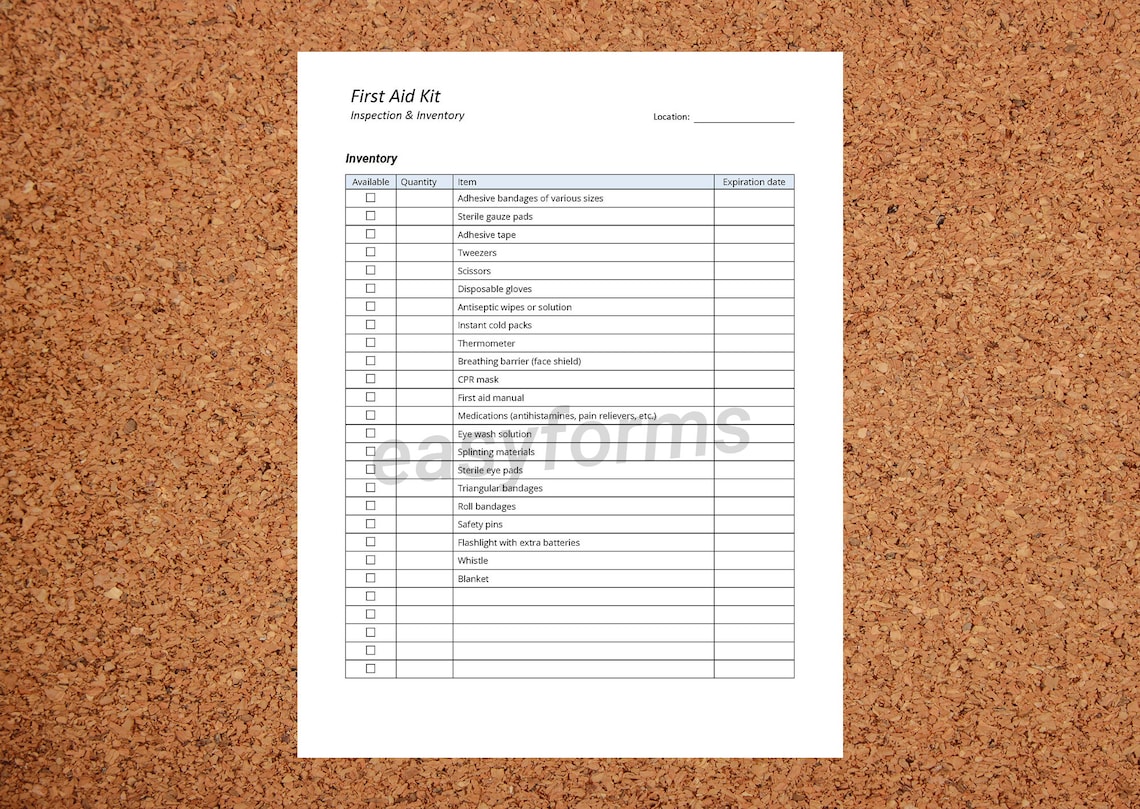 First Aid Kit Inspection Record First Aid Kit Checklist First Aid Kit Inventory First Aid Kit