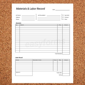 Könnte beinhalten: Ein leeres, druckbares Formular für Material- und Arbeitsaufzeichnungen mit Abschnitten für Auftragsname, Auftragsbeschreibung, Materialien und Arbeitsaufwand. Das Formular enthält Spalten für Menge, Material, Preis, Betrag, Arbeiter, Arbeitsbeschreibung, Stunden, Tarif und Betrag.