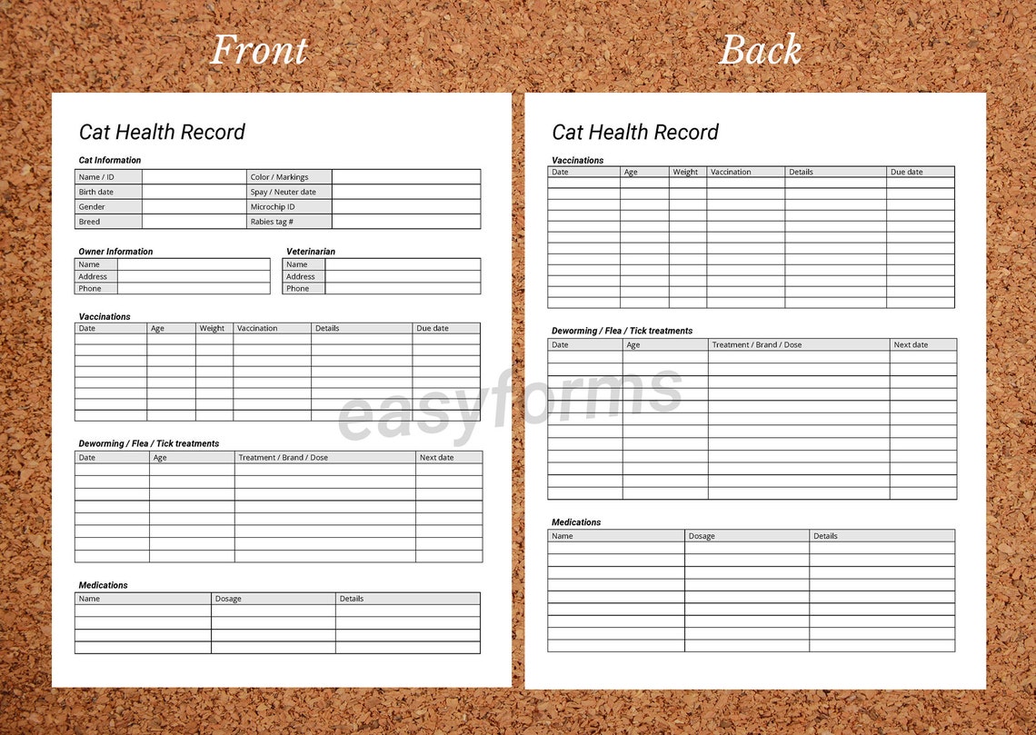 Cat Health Record Template Kitten Vaccination Record Feline Medication