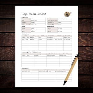 Dog Health Record Canva Template | Puppy Vaccination record | Pet medication record | Deworming treatments | Vet record