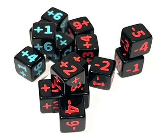 Magic The Gathering / Disney Lorcana / Shadowverse Dice Counters Red & Blue Plus + Minus - Damage, Health, Defense etc. (15 TOTAL)