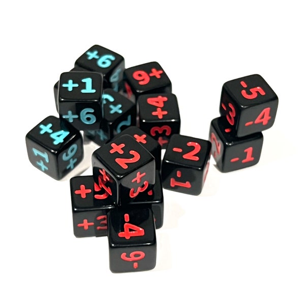 Magic The Gathering / Disney Lorcana / Shadowverse Dice Counters Red & Blue Plus + Minus - Damage, Health, Defense etc. (15 TOTAL)