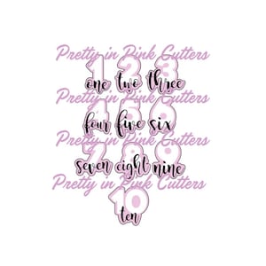 May include: A collection of ten light pink number-shaped cookie cutters arranged in rows, each paired with its corresponding number word written in black cursive script. The text Pretty in Pink Cutters is repeated in light purple across the image.